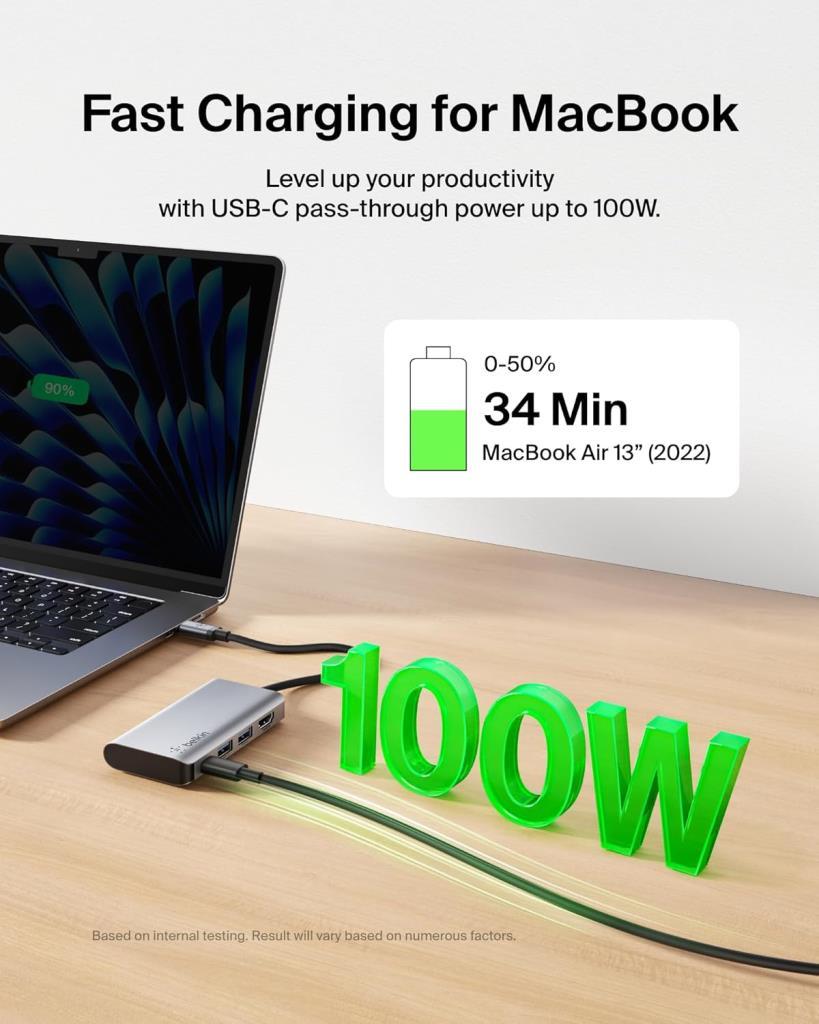 Belkin USB C 4'ü 1 Arada Çok Bağlantı Noktalı Adaptör (4K HDMI, USB-C 100W PD Geçişli Şarj ve Daha Fazlası için 2 x USB A Bağlantı Noktası ile) - Outlet