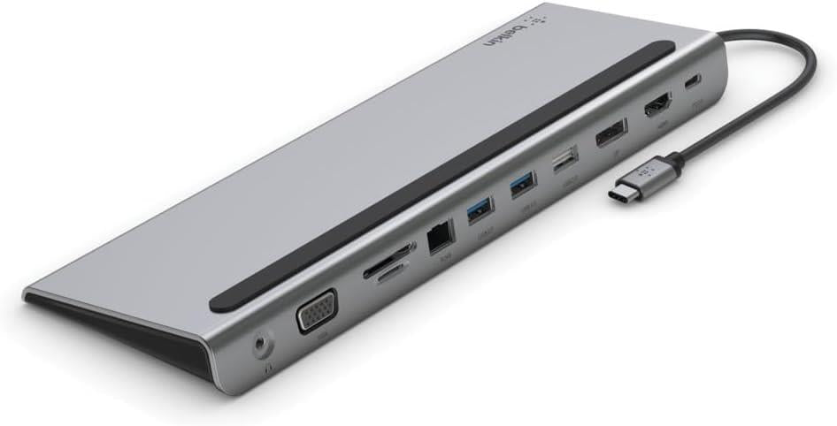 Belkin USB-C Hub, 11'i 1 arada Çoklu Bağlantı Noktalı Adaptör Yuvası, 4K HDMI, DisplayPort, VGA, USB-C ve 100W, Bağlı Cihazdan Şarj Etmek İçin, 3x USB A, Gigabit Ethernet, SD, MicroSD, 3,5 mm Jak Teşhir