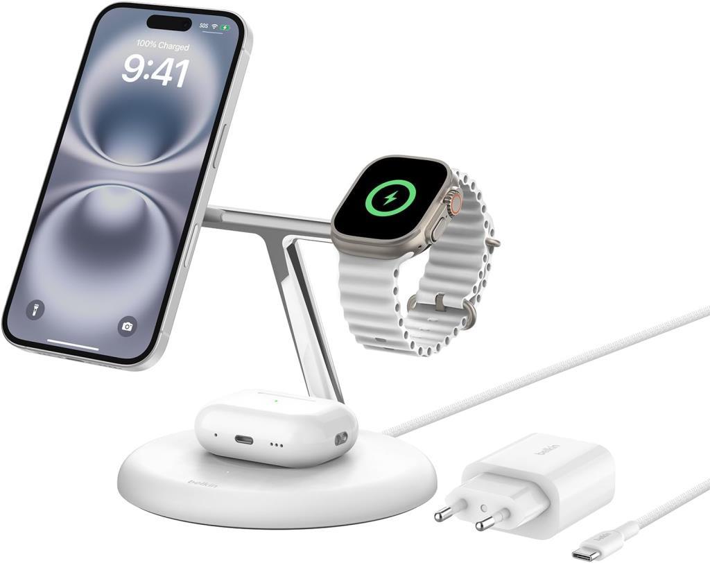 Belkin 3'ü 1 Arada Manyetik MagSafe Uyumlu Qi2 15W Kablosuz Şarj Standı - TEŞHİR