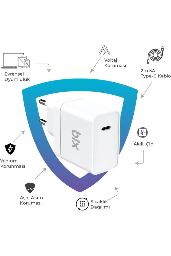 Bix BX-UC65WFTA 2 m Type-C Kablolu Hızlı Şarj Aleti -OUTLET