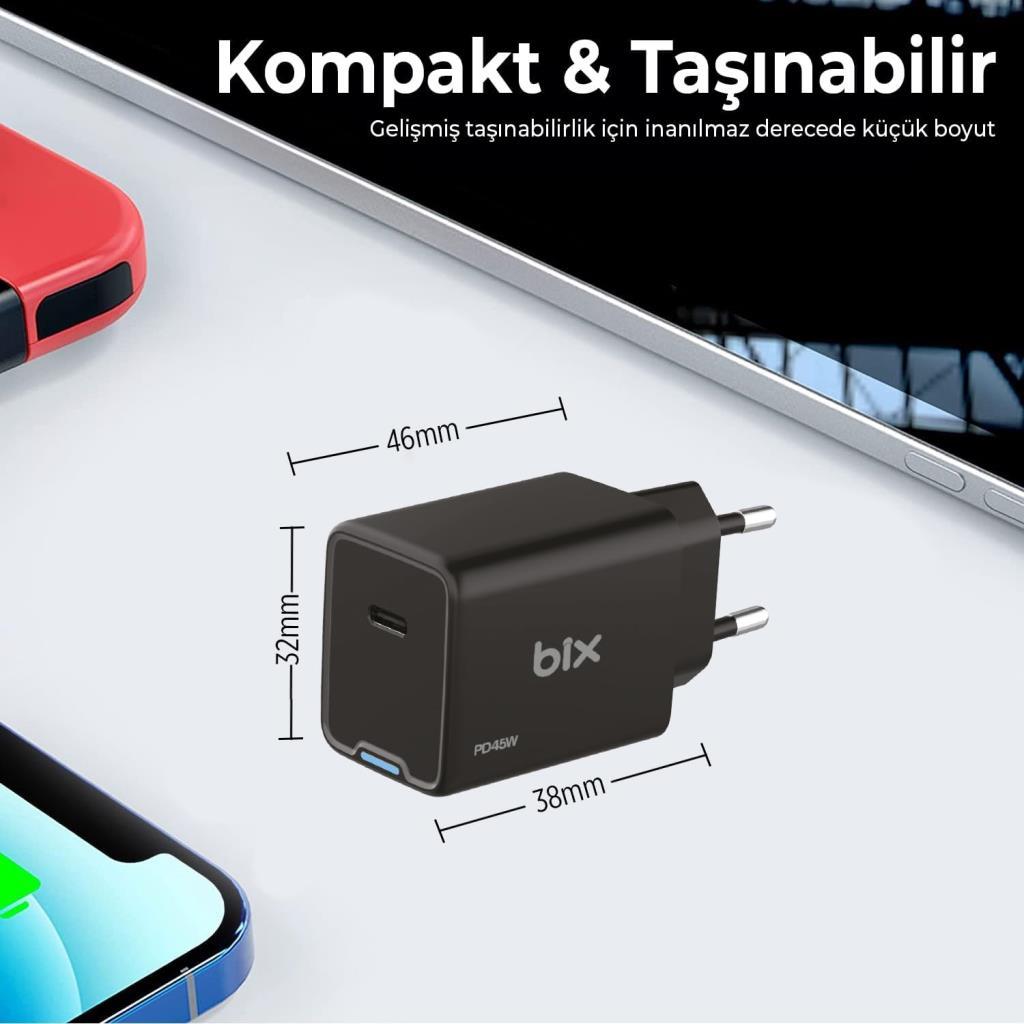 Bix BX1P45G 45 W Siyah Hızlı Şarj Adaptörü - Outlet