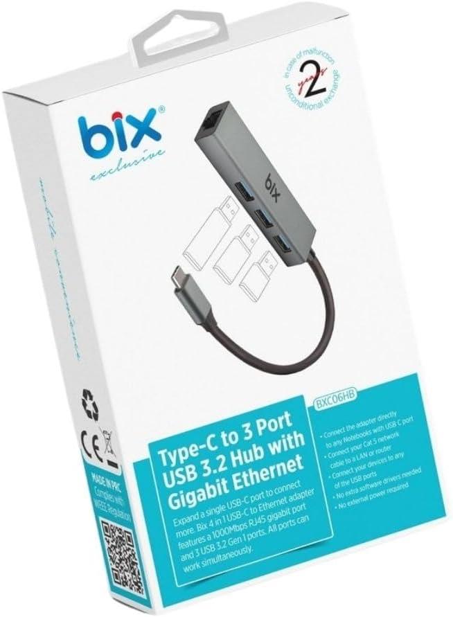 Bix BXC06HB Type-C'den 3 Bağlantı Noktalı Gigabit Ethernet USB 3.2 Hub