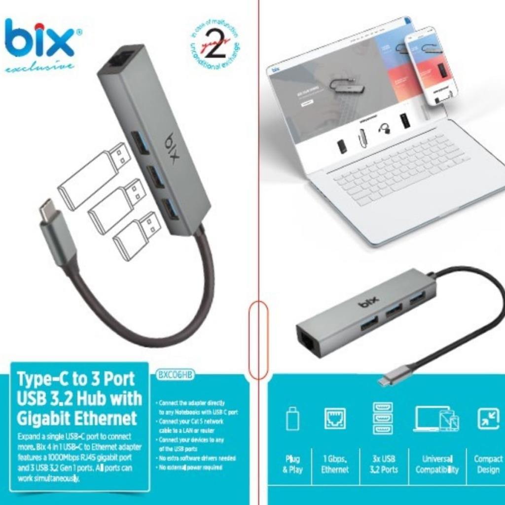 Bix Bxc06hb Type-c'den 3 Bağlantı Noktalı Gigabit Ethernet Usb 3.2 Hub - Teşhir