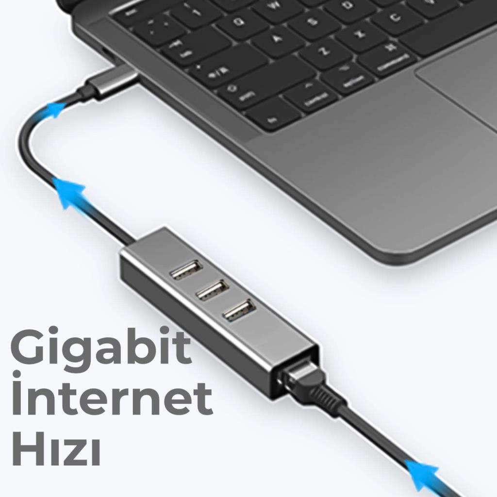 Bix BX03HB 4in1 USB Hub 1Gbps Ethernet, 3x USB 2.0 Macbook, iMac / Windows Uyumlu Çoklayıcı Adaptör