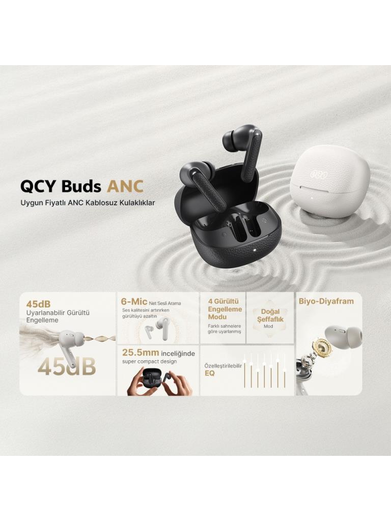 QCY Buds HT15 ANC TWS Bluetooth Kulak İçi Kulaklık Siyah 45 dB ANC, 6 Mikrofon ENC, Çift Cihaz Desteği, IPX4 - Teşhir