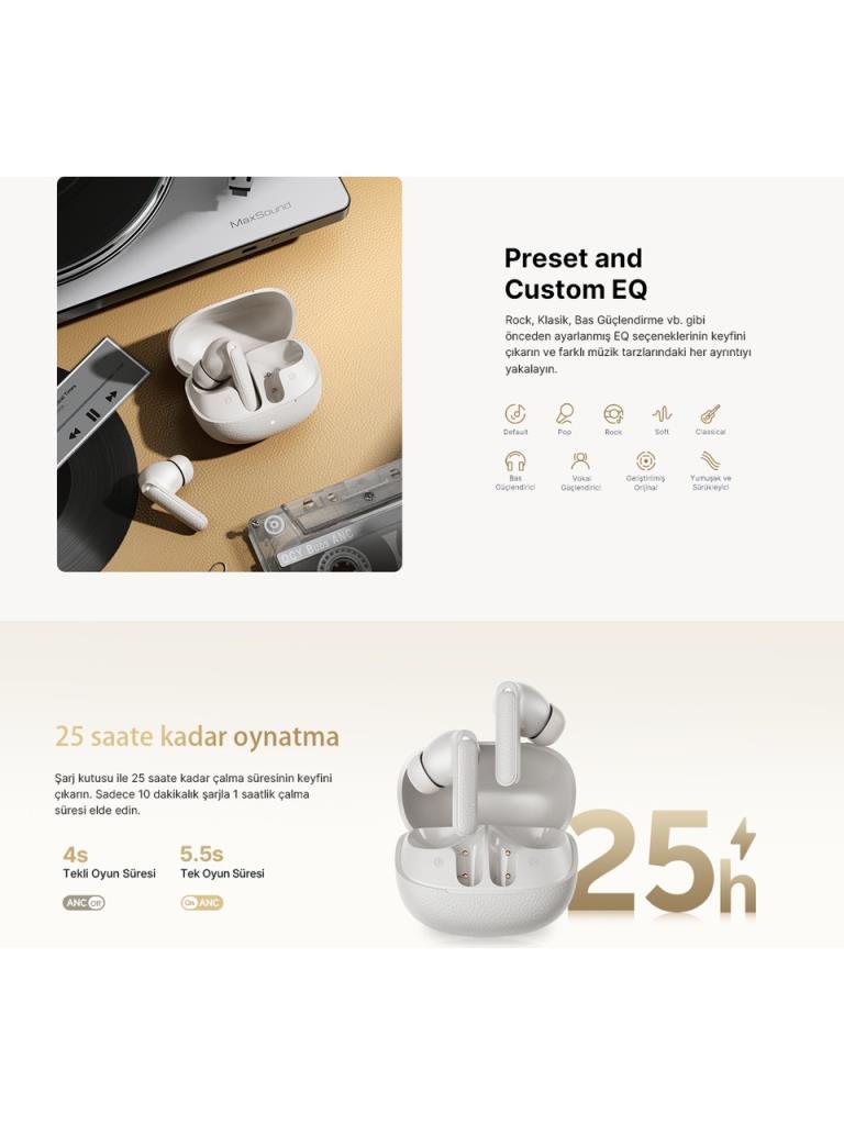 QCY Buds HT15 ANC TWS Bluetooth Kulak İçi Kulaklık Siyah 45 dB ANC, 6 Mikrofon ENC, Çift Cihaz Desteği, IPX4 - Teşhir