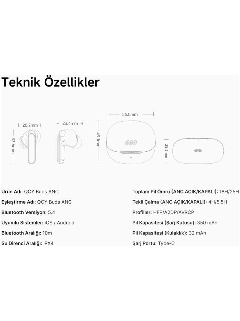 QCY Buds HT15 ANC TWS Bluetooth Kulak İçi Kulaklık Siyah 45 dB ANC, 6 Mikrofon ENC, Çift Cihaz Desteği, IPX4 - Teşhir