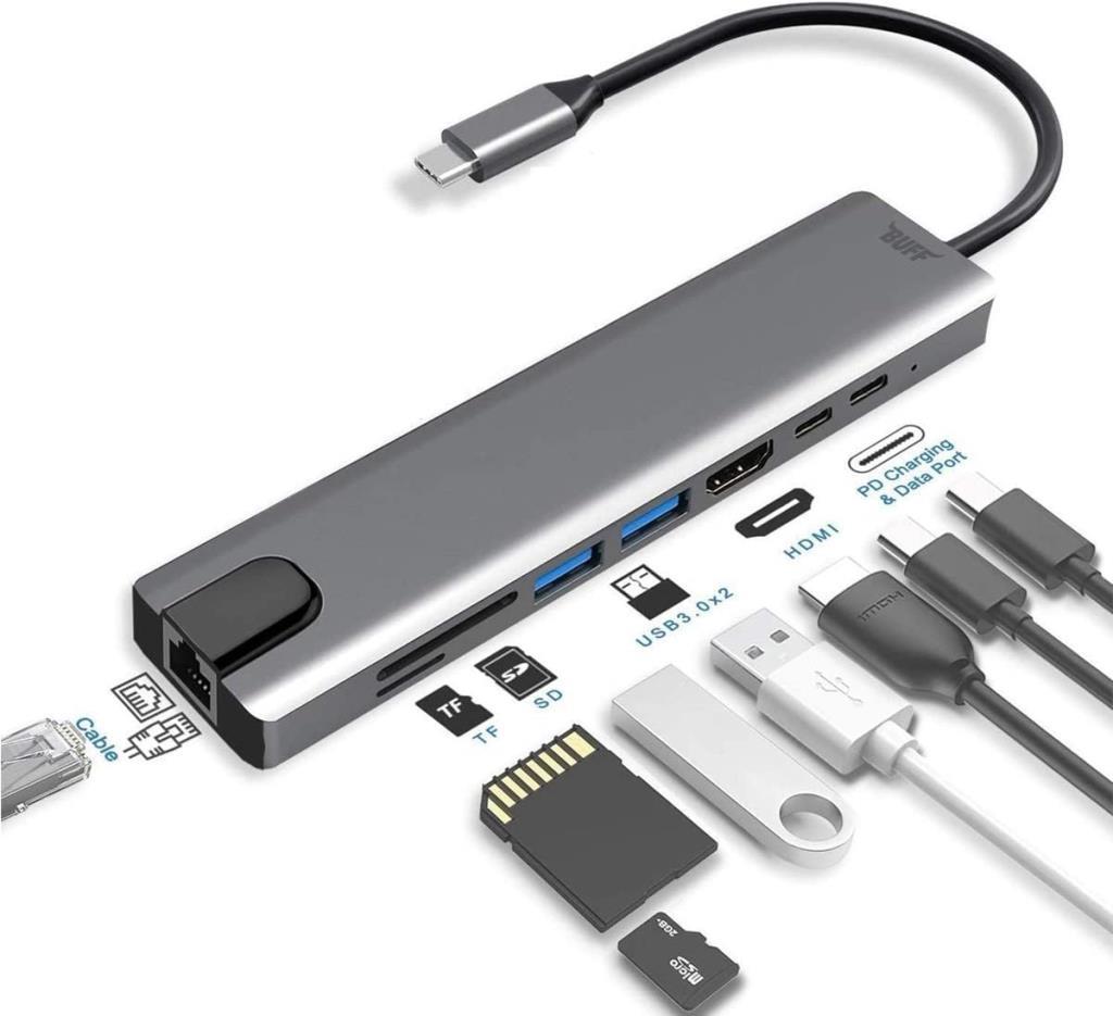 Buff Labs Type C USB 8 in 1 Hub Çoklayıcı Adaptör USB 3.0, HDMI, USB C, SD, Ethernet - Outlet