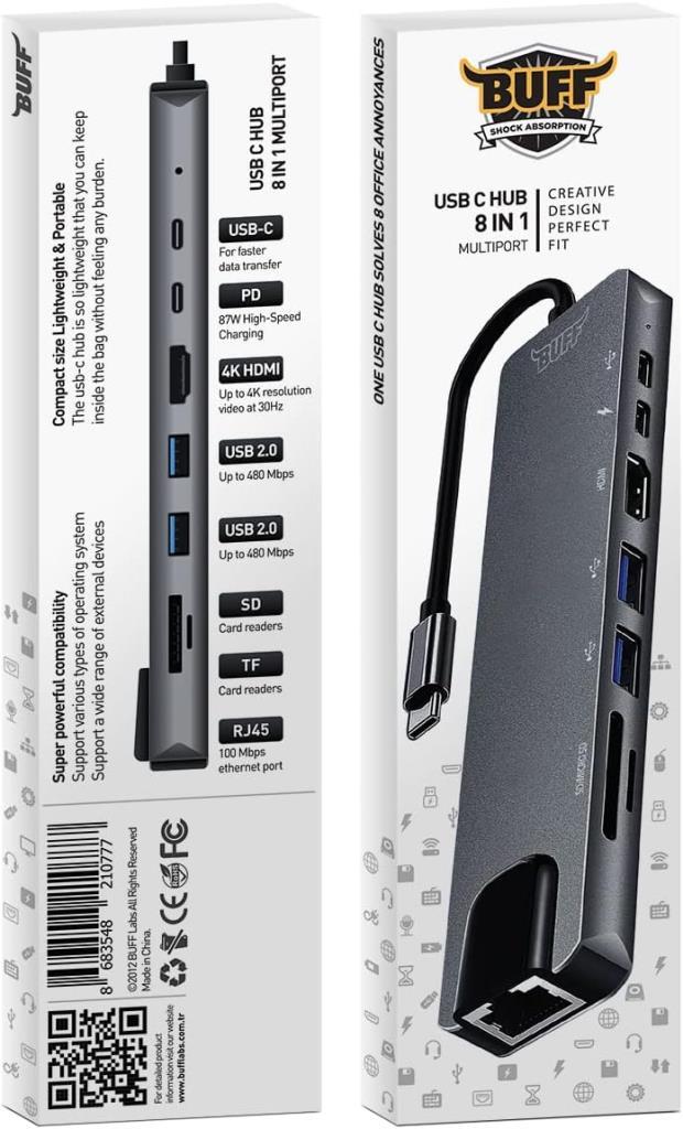 Buff Labs Type C USB 8 in 1 Hub Çoklayıcı Adaptör USB 3.0, HDMI, USB C, SD, Ethernet - Outlet
