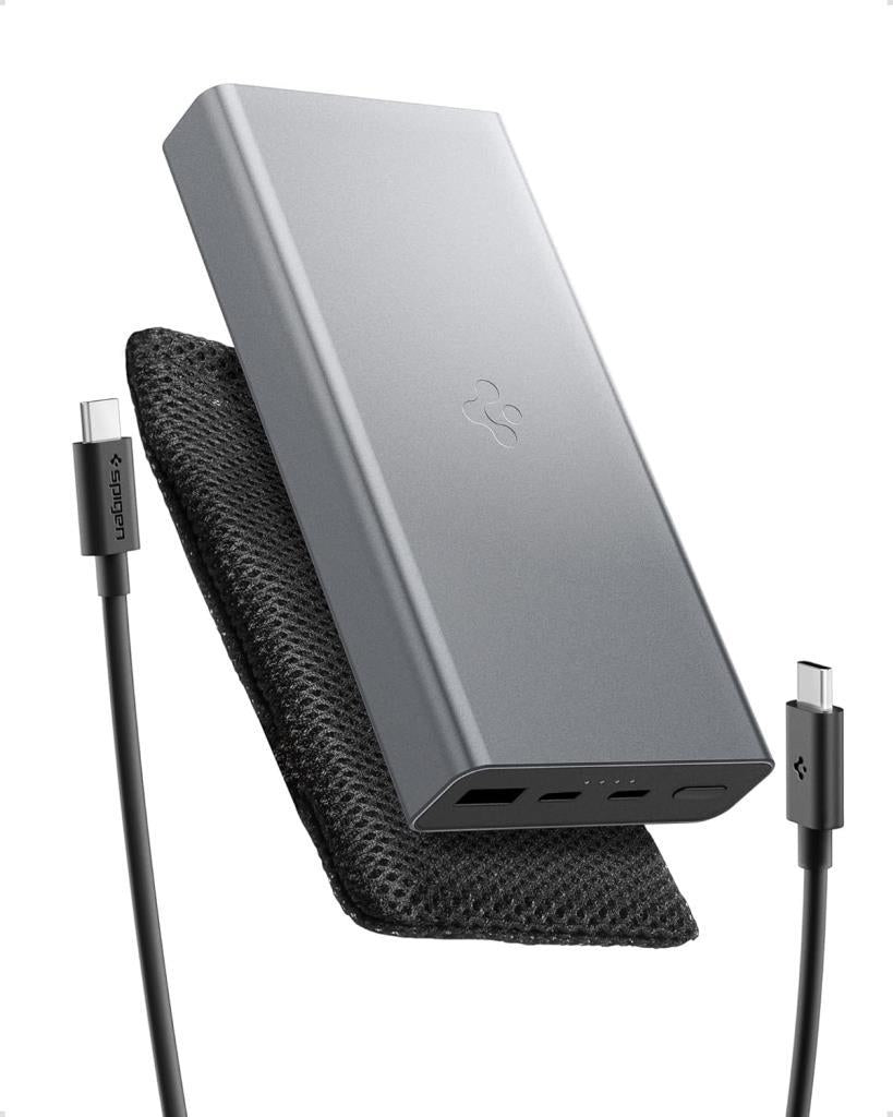 Spigen 20000 mAh Alüminyum Kasa 30W USB-C + USB-A Giriş/Çıkış Hızlı Şarj 3 Portlu Powerbank / 1 Metre Type-C Harici Kablolu Taşınabilir Şarj Cihazı + Taşıma Çantası EA3020 Gray - ABA09434