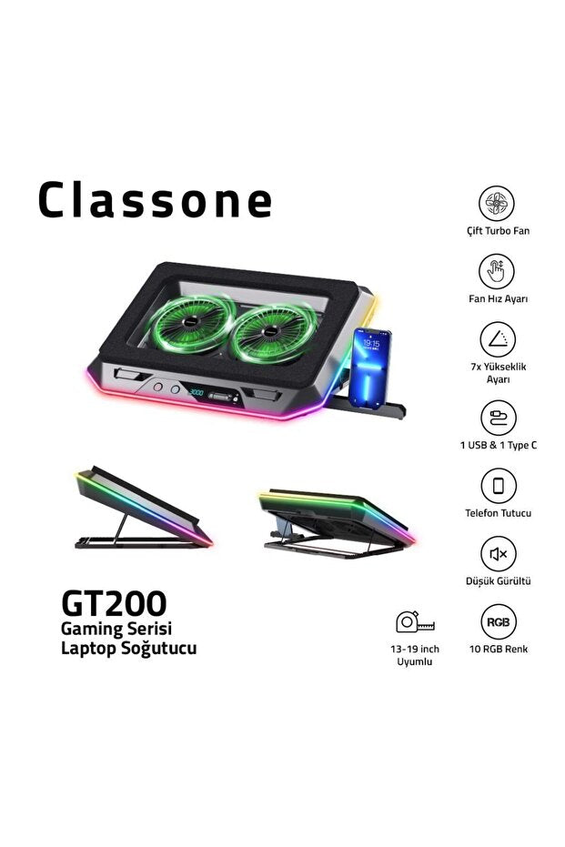 Classone Gaming Gt200 Laptop Soğutucu Notebook Stand,3000 Rpm, 10 Rgb Işık Kontrolü , 15.6 -17 Inch - OUTLET