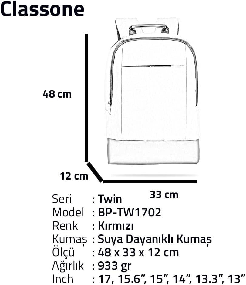 Classone BP-TW1702 Twin Color 17" Uyumlu Notebook Çantası, Kırmızı - Outlet