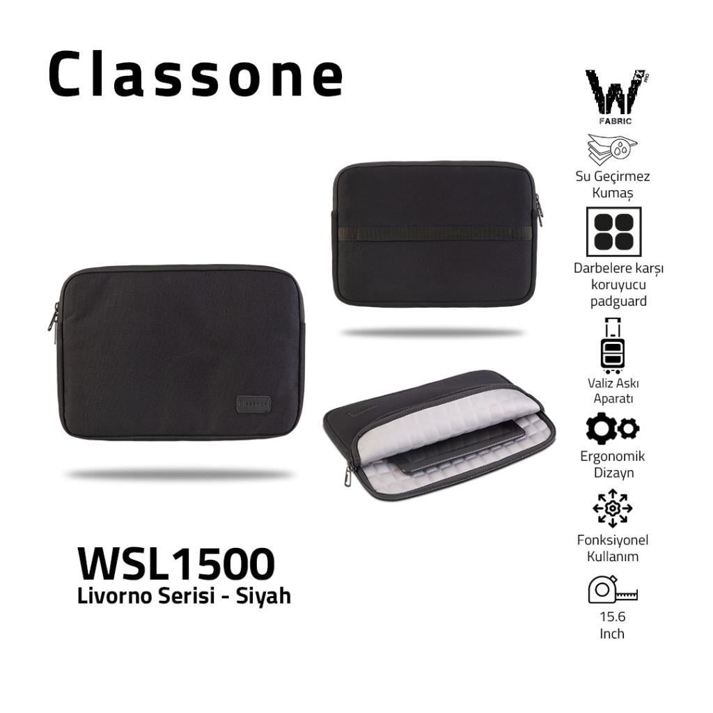 Classone WSL1500 Livorno Serisi 15.6” Su Geçirmez Kumaş ve Su Geçirmez Fermuar Notebook, Laptop, Macbook Taşıma Kılıfı -Siyah