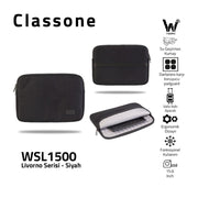 Classone WSL1500 Livorno Serisi 15.6” Su Geçirmez Kumaş ve Su Geçirmez Fermuar Notebook, Laptop, Macbook Taşıma Kılıfı -Siyah