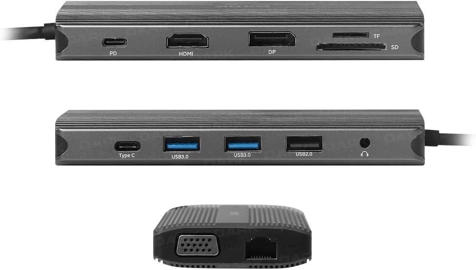 Dark USB 3.1 Gen1 Type C 12 in 1 Ethernet/USB-C & USB-C PD / 2xHDMI / VGA/TF SD Kart Okuyucu / 3xUSB 3.0 / Kulaklık Çoklayıcı - Teşhir