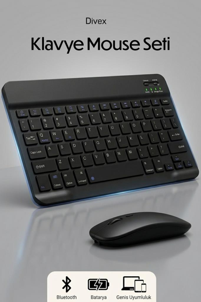 Divex Ultra İnce Kablosuz Bluetooth Klavye ve Mouse Seti Bilgisayar, Tablet ve Telefon Uyumlu, Taşınabilir - Outlet