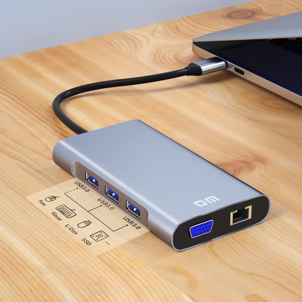 DM CHB055 Type-C to HDMI VGA RJ45 USB 3.0 AUX PD TF SD ÇEVİRİCİ - Teşhir