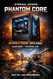 كمبيوتر ألعاب Eternal Power PHANTOM CORE Ryzen 5 7500F RTX 4060 16GB DDR5 1TB M.2 B650M WIFI 650W 360mm