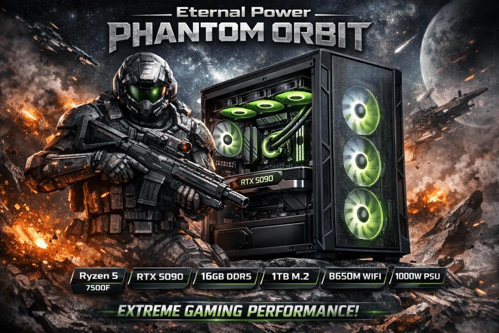 Eternal Power PHANTOM ORBIT Ryzen 5 7500F RTX 5090 16GB DDR5 1TB M.2 B650M WIFI 1000W 360mm Gaming PC