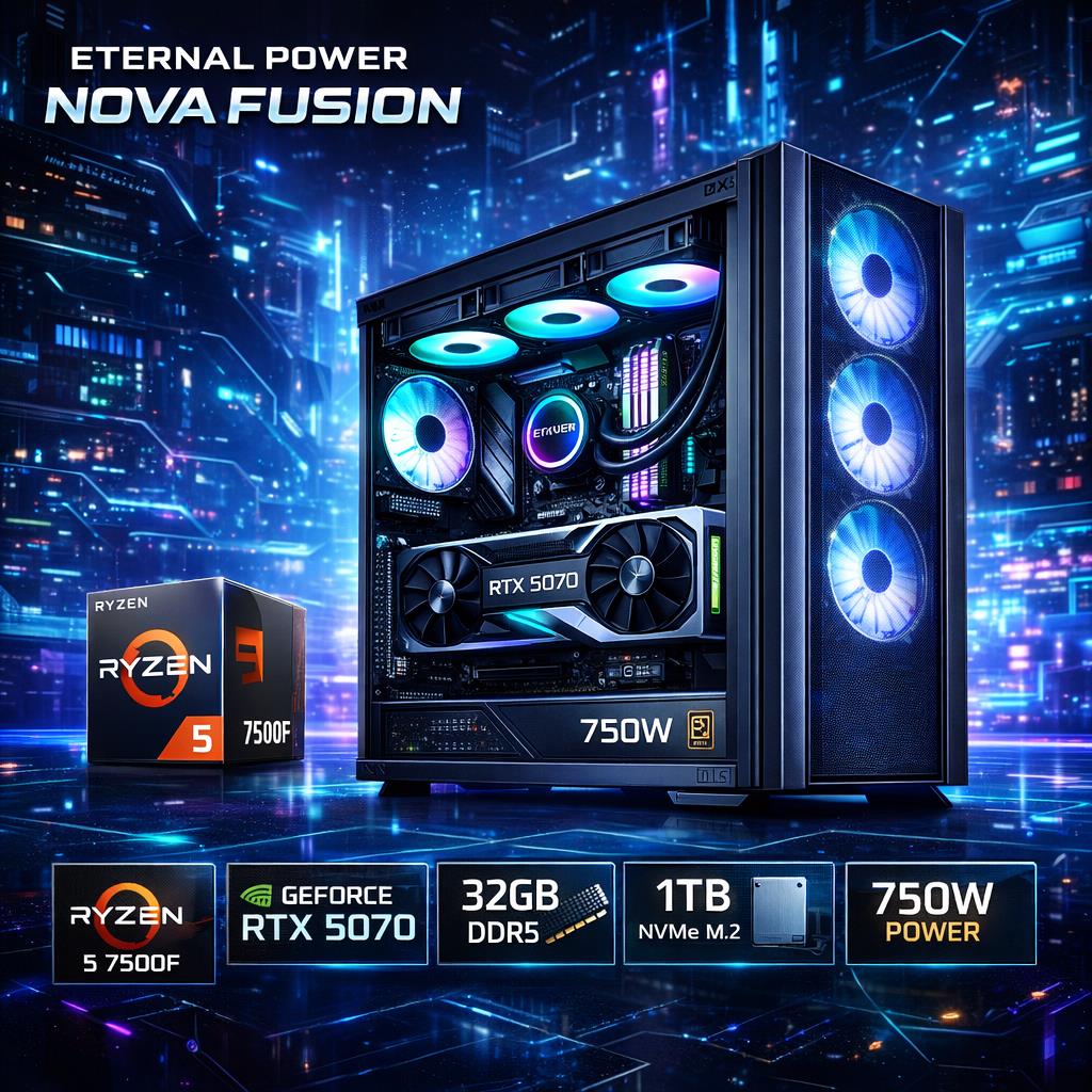 Eternal Power NOVA FUSION Ryzen 5 7500F RTX 5070 32GB DDR5 1TB M.2 B650M WIFI 750W 360mm Gaming PC