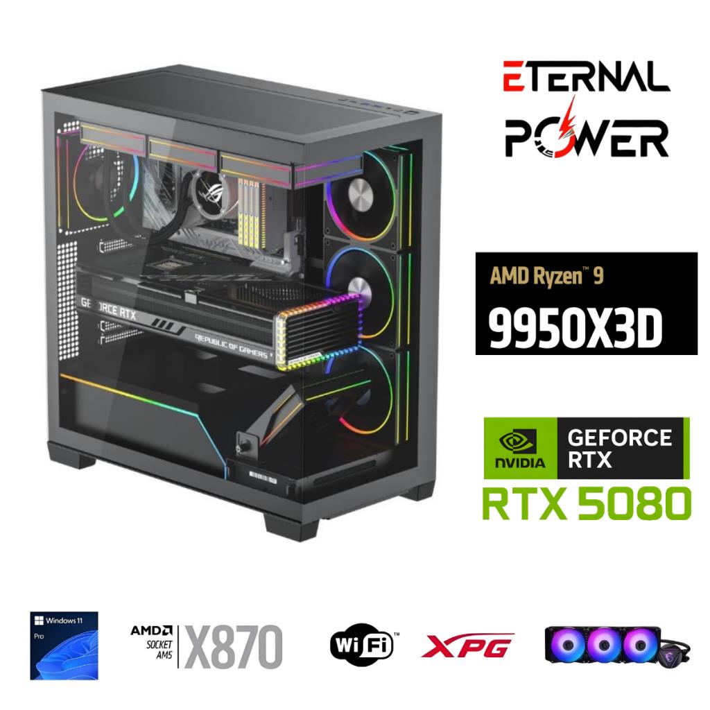 معالج ETERNAL POWER RYZEN 9 9950X3D سعة 32 جيجابايت DDR5 وذاكرة 2 تيرابايت M.2 وبطاقة رسومات RTX 5080 X870 وواي فاي 1000 وات وسرعة 360 ميجابت في الثانية