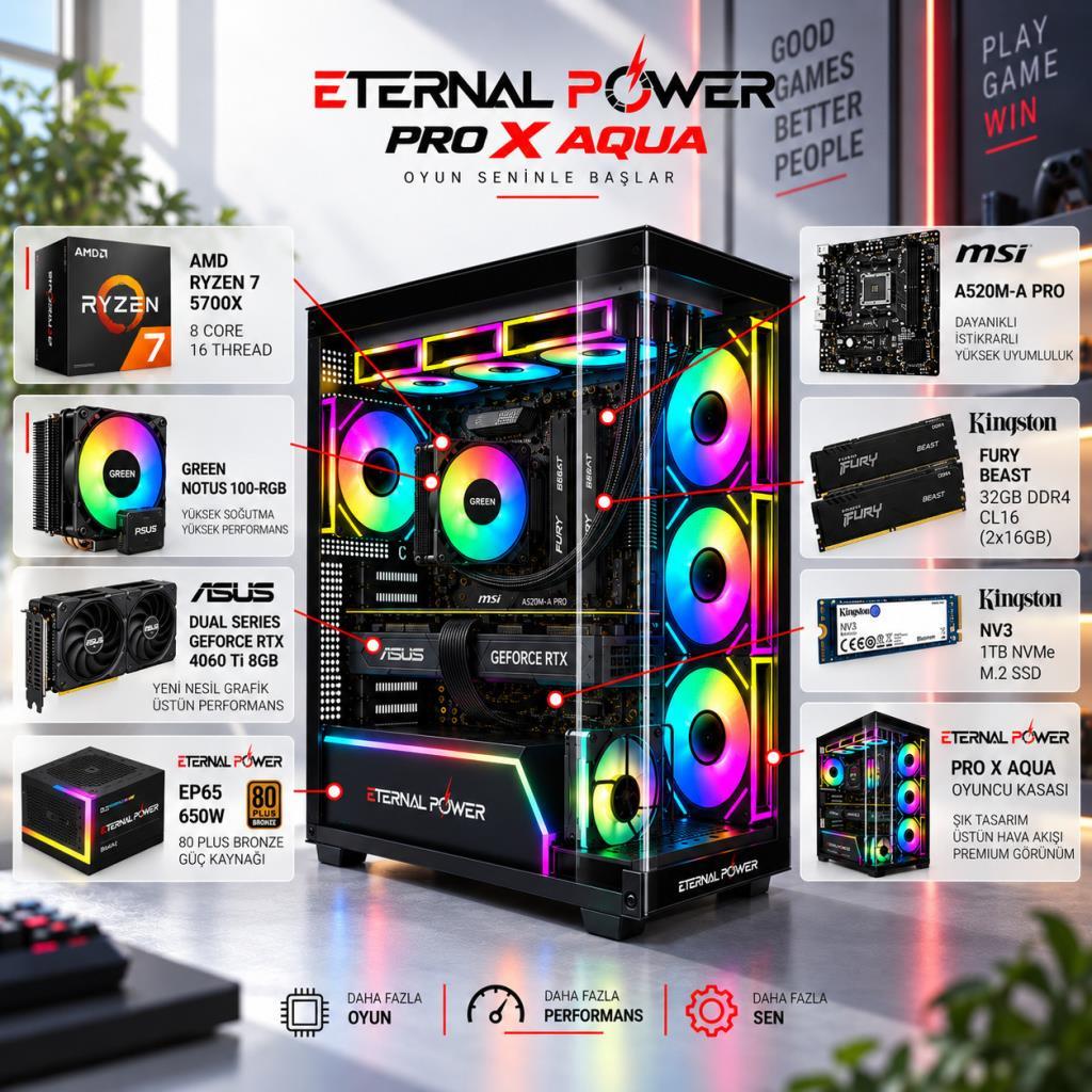 Eternal Power AMD Ryzen 7 5700X - ASUS Dual GeForce RTX 4060 Ti 8GB - Kingston Beast 32GB DDR4 CL16 RAM - 1TB NVMe M.2 SSD - Green Notus 100-RGB Soğutma Hazır Oyuncu Bilgisayarı