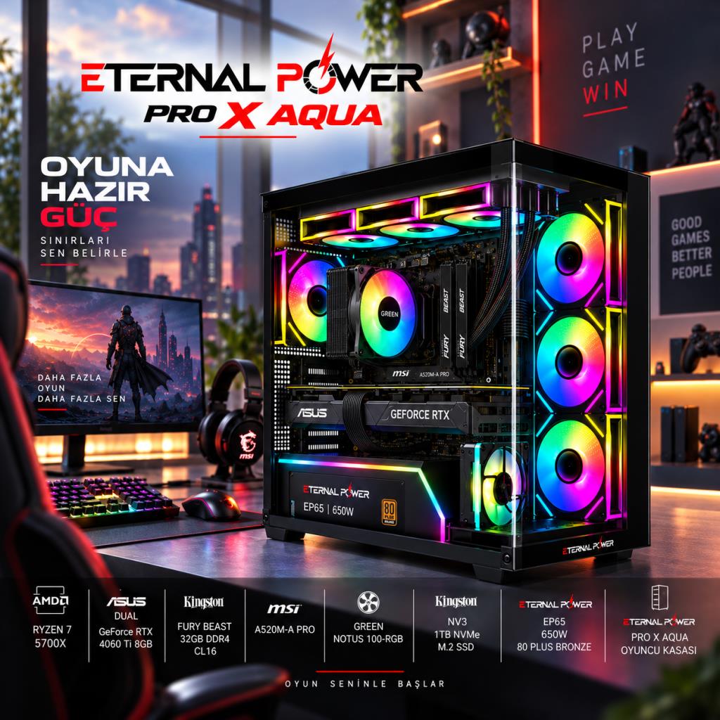 Eternal Power AMD Ryzen 7 5700X - ASUS Dual GeForce RTX 4060 Ti 8GB - Kingston Beast 32GB DDR4 CL16 RAM - 1TB NVMe M.2 SSD - Green Notus 100-RGB Soğutma Hazır Oyuncu Bilgisayarı