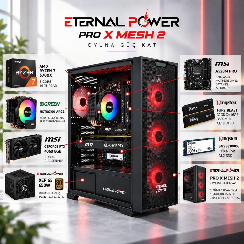Eternal Power AMD Ryzen 7 5700X - MSI GeForce RTX 4060 8GB - Kingston 32GB 3600MHz DDR4 RAM - 1TB NVMe M.2 SSD - Green Notus 100 ARGB Soğutma Hazır Oyuncu Bilgisayarı