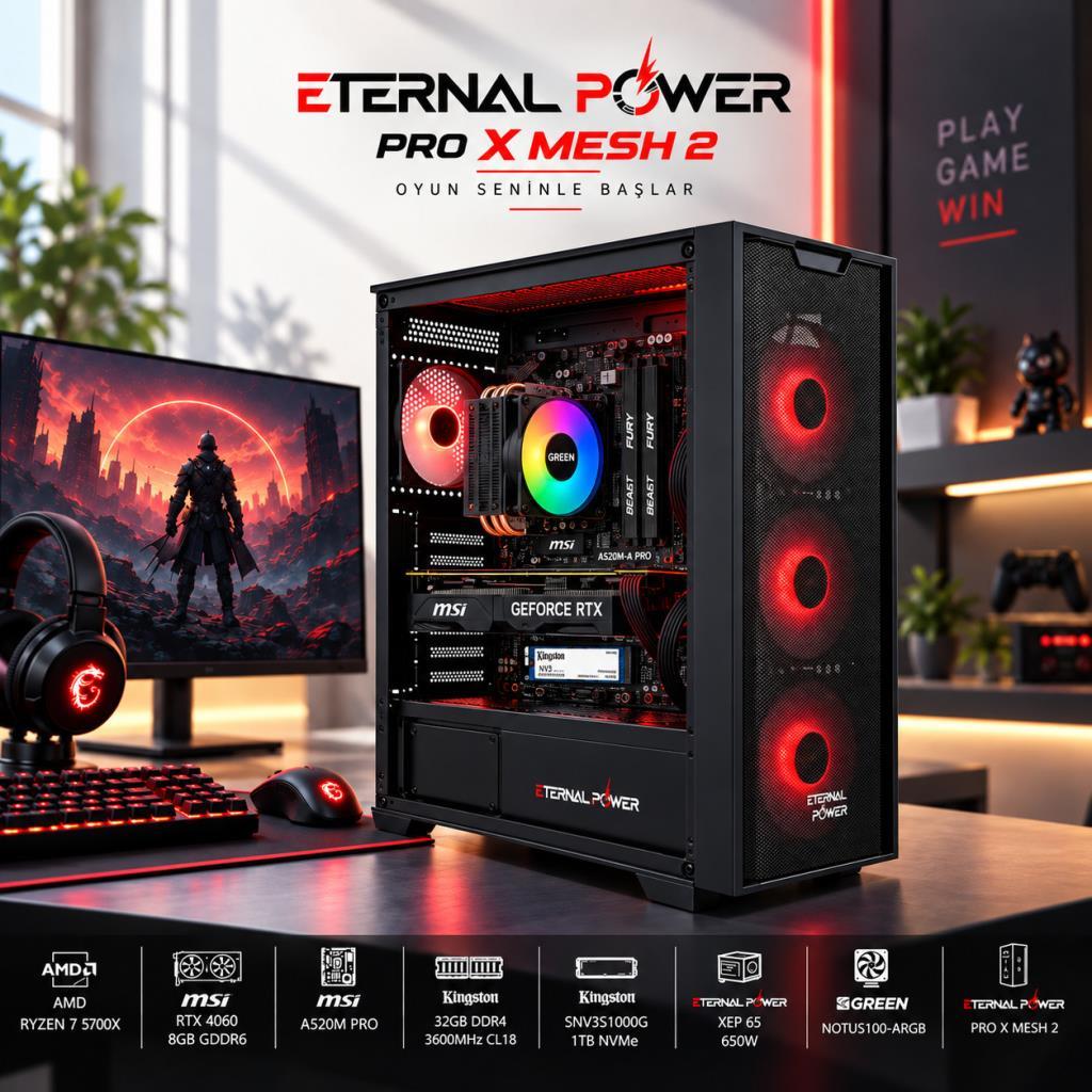 Eternal Power AMD Ryzen 7 5700X - MSI GeForce RTX 4060 8GB - Kingston 32GB 3600MHz DDR4 RAM - 1TB NVMe M.2 SSD - Green Notus 100 ARGB Soğutma Hazır Oyuncu Bilgisayarı