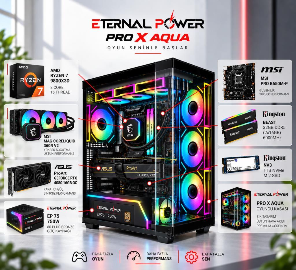 Eternal Power AMD Ryzen 7 9800X3D - ASUS ProArt GeForce RTX 4080 16GB OC - 32GB DDR5 RAM - 1TB NVMe M.2 SSD - MSI MAG CoreLiquid 360mm Sıvı Soğutma Hazır Oyuncu ve İş İstasyonu Bilgisayarı
