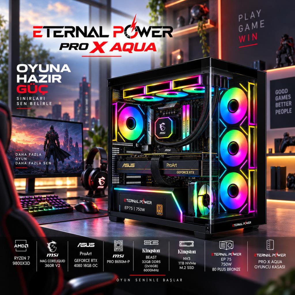 Eternal Power AMD Ryzen 7 9800X3D - ASUS ProArt GeForce RTX 4080 16GB OC - 32GB DDR5 RAM - 1TB NVMe M.2 SSD - MSI MAG CoreLiquid 360mm Sıvı Soğutma Hazır Oyuncu ve İş İstasyonu Bilgisayarı