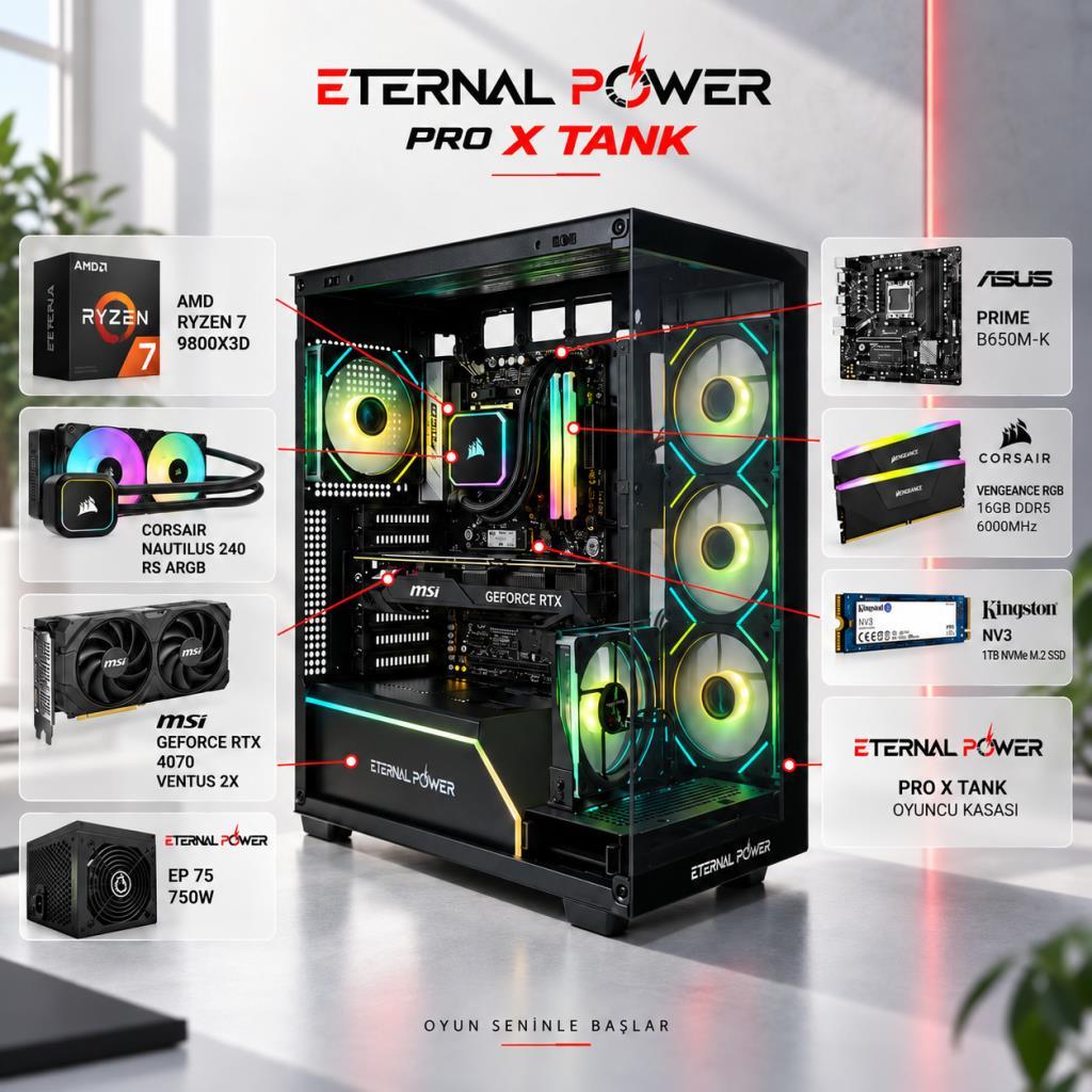 Eternal Power AMD Ryzen 7 9800X3D - MSI GeForce RTX 4070 Ventus 2X - 16GB DDR5 6000MHz RAM - 1TB NVMe M.2 SSD - Corsair Nautilus 240mm Sıvı Soğutma Hazır Oyuncu Bilgisayarı