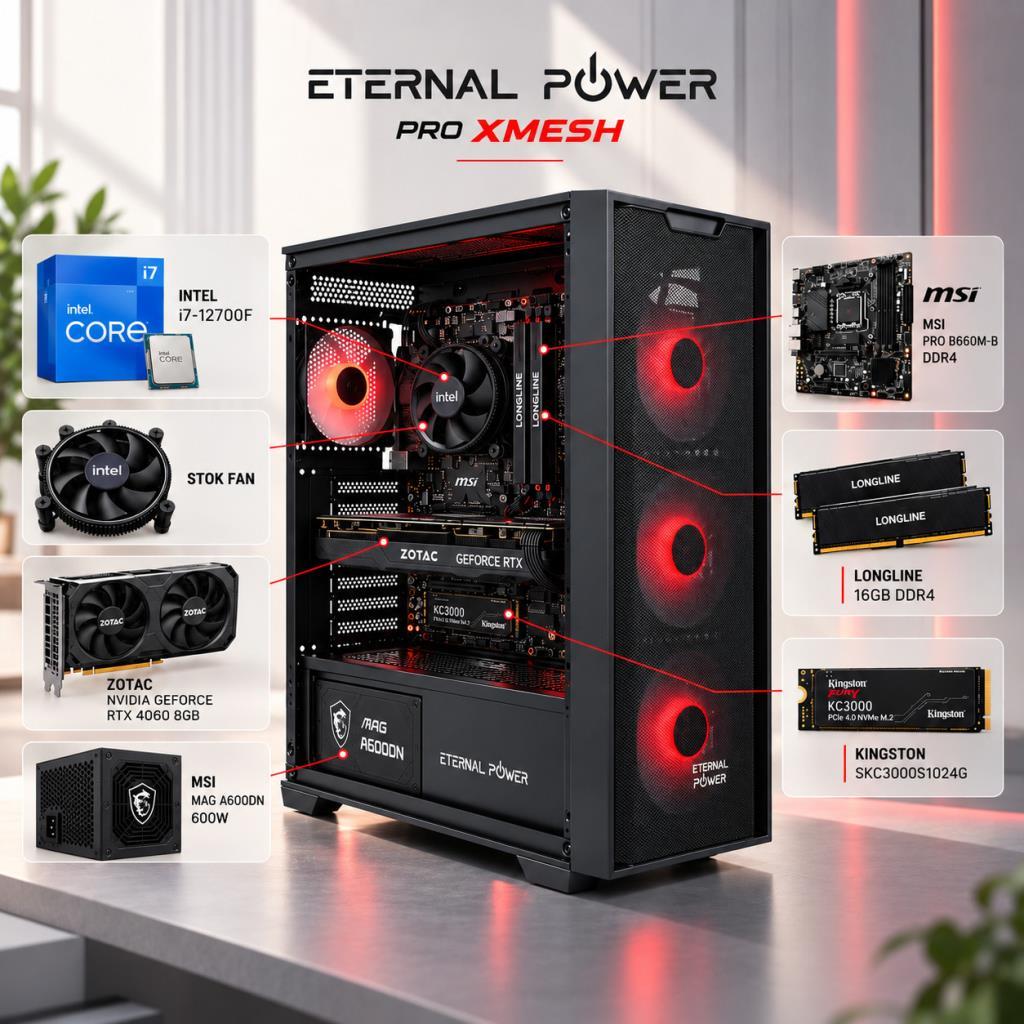 Eternal Power Intel Core i7 12700F Zotac NVIDIA GeForce RTX 4060 8GB 16GB Longline RAM 1TB Kingston KC3000 NVMe SSD MSI PRO B660M-B 600W Hazır Sistem Oyuncu Bilgisayarı
