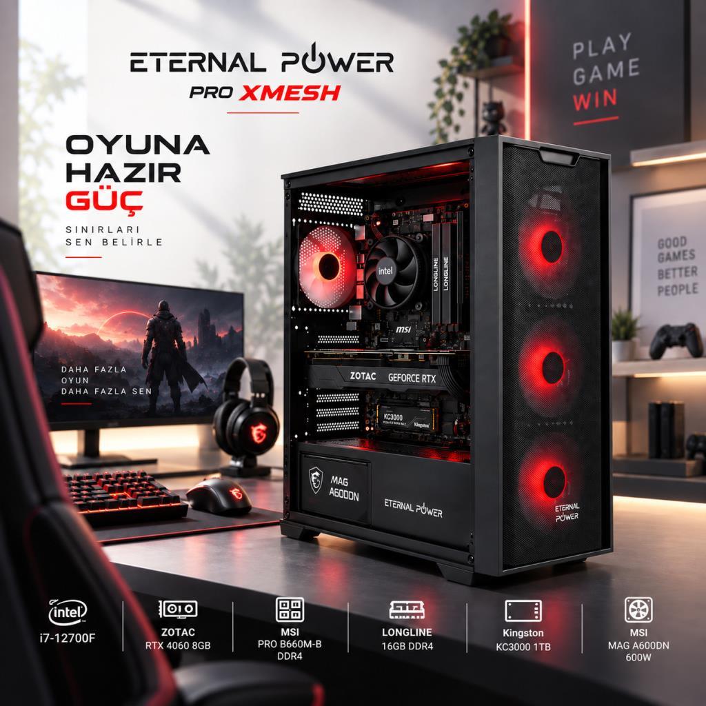 Eternal Power Intel Core i7 12700F Zotac NVIDIA GeForce RTX 4060 8GB 16GB Longline RAM 1TB Kingston KC3000 NVMe SSD MSI PRO B660M-B 600W Hazır Sistem Oyuncu Bilgisayarı