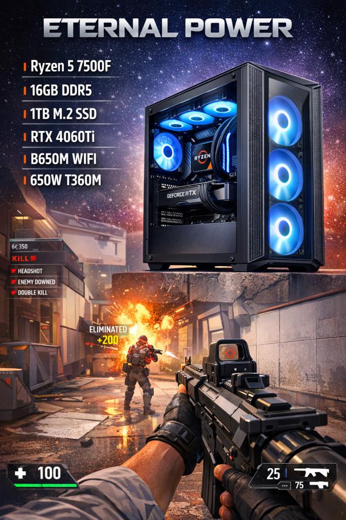 Eternal Power PHANTOM RUSH Ryzen 5 7500F RTX 4060 Ti 16GB DDR5 1TB M.2 B650M WIFI 650W 360mm Gaming PC