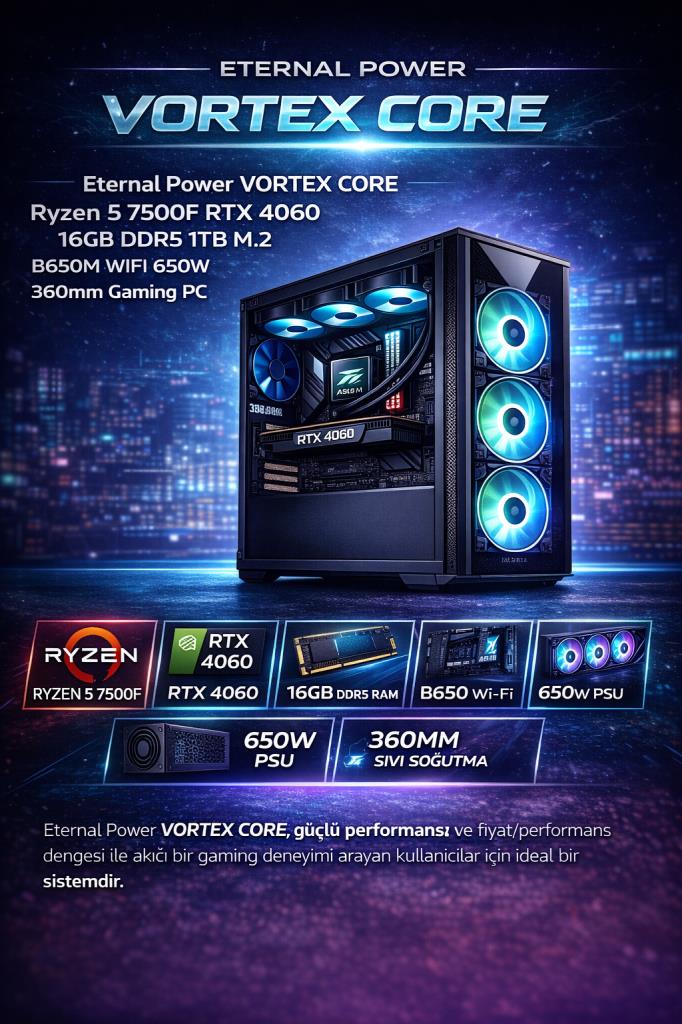 Eternal Power VORTEX CORE Ryzen 5 7500F RTX 4060 16GB DDR5 1TB M.2 B650M WIFI 650W 360mm Gaming PC