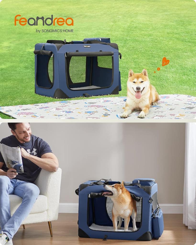 FEANDREA Köpek Kutusu, Araba İçin Taşıma Kutusu, Köpek Taşıma Kutusu, Oxford Kumaştan Katlanabilir Kedi Kutusu, L, 70 x 52 x 52 cm, Koyu Mavi - Outlet