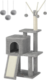 FEANDREA PCT143W01 kedi ağacı, tırmalama tahtalı, 3 çıkarılabilir ponpon çubuğu, 118 cm, açık gri Outlet