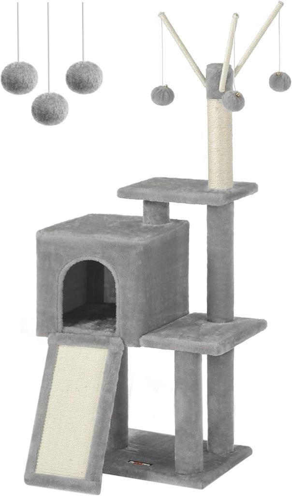FEANDREA PCT143W01 kedi ağacı, tırmalama tahtalı, 3 çıkarılabilir ponpon çubuğu, 118 cm, açık gri Outlet