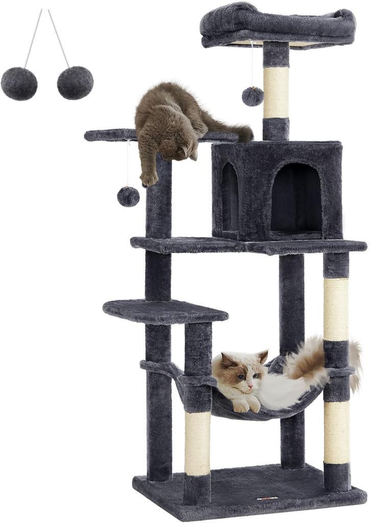 Feandrea PCT161G01 tırmalama ağacı, 143 cm yüksekliğinde, kedi ağacı, çok katlı kedi evi, 4 tırmalama sütunu, 2 platform, hamak, mağara, duman grisi Outlet