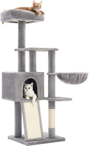 FEANDREA Tırmalama Ağacı, 135 cm Küçük Kedi Ağacı, Çok Katlı Pelüş Kedi Tırmalama Ağacı, Yıkanabilir, Çıkarılabilir Oturma Çubuğu, Kazıma Sapı, Sepet, Mağara, Açık Gri Teşhir