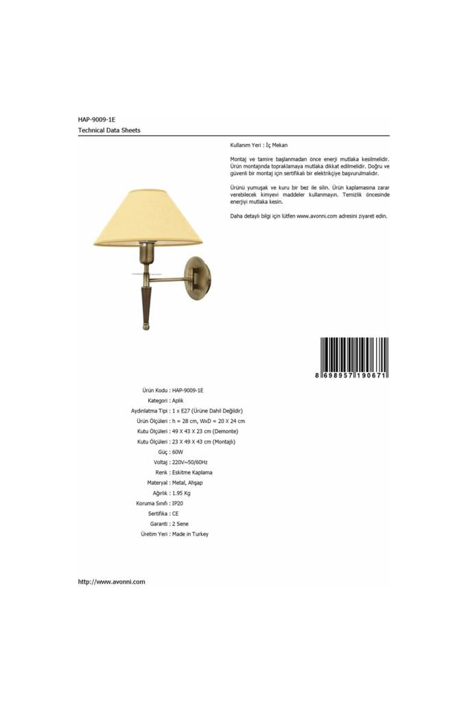 AVONNI HAP-9009-1E Eskitme Kaplama Aplik E27 Metal Ahşap Kumaş 20x24cm Outlet