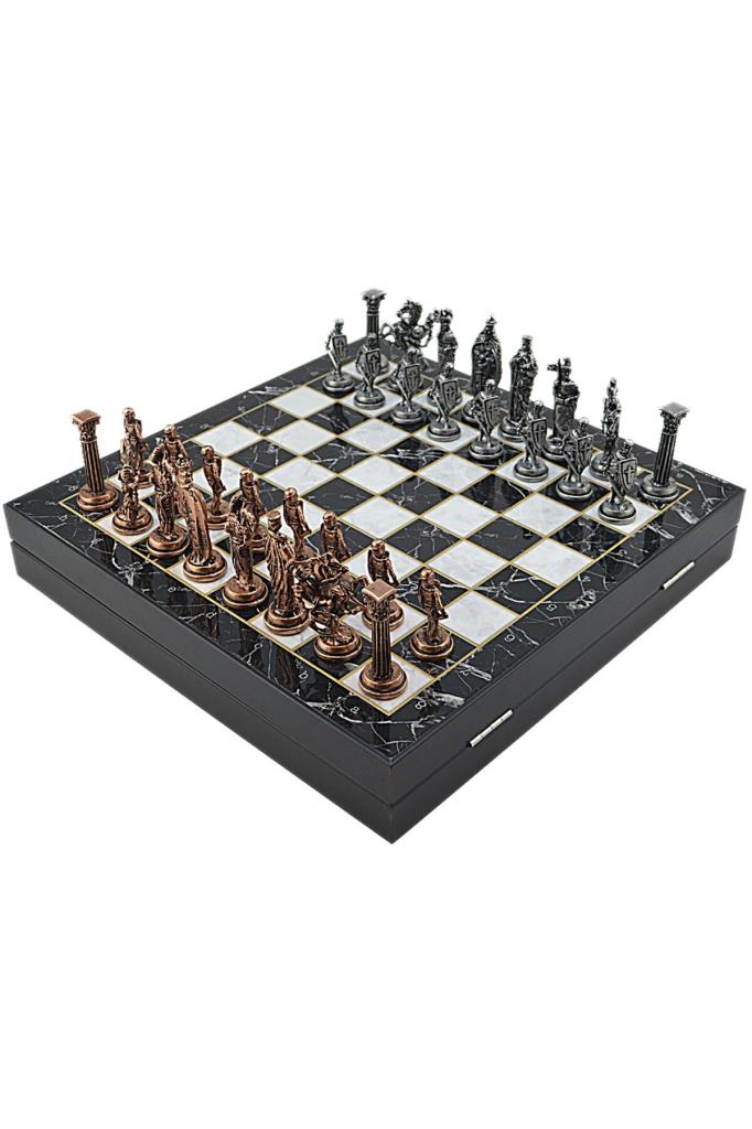 طقم شطرنج إنجليزي كبير الحجم من GiftHome. طاولة MDF بتصميم عتيق ورخامي (36×36 سم.) - منفذ بيع