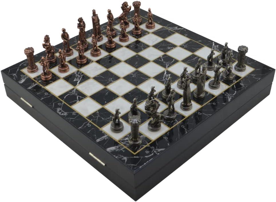 GiftHome Orta Boy Metal İngiliz Satranç Takımı Antik ve Mermer Desenli Sandıklı MDF Tahtası (36x36x6 cm.) Outlet