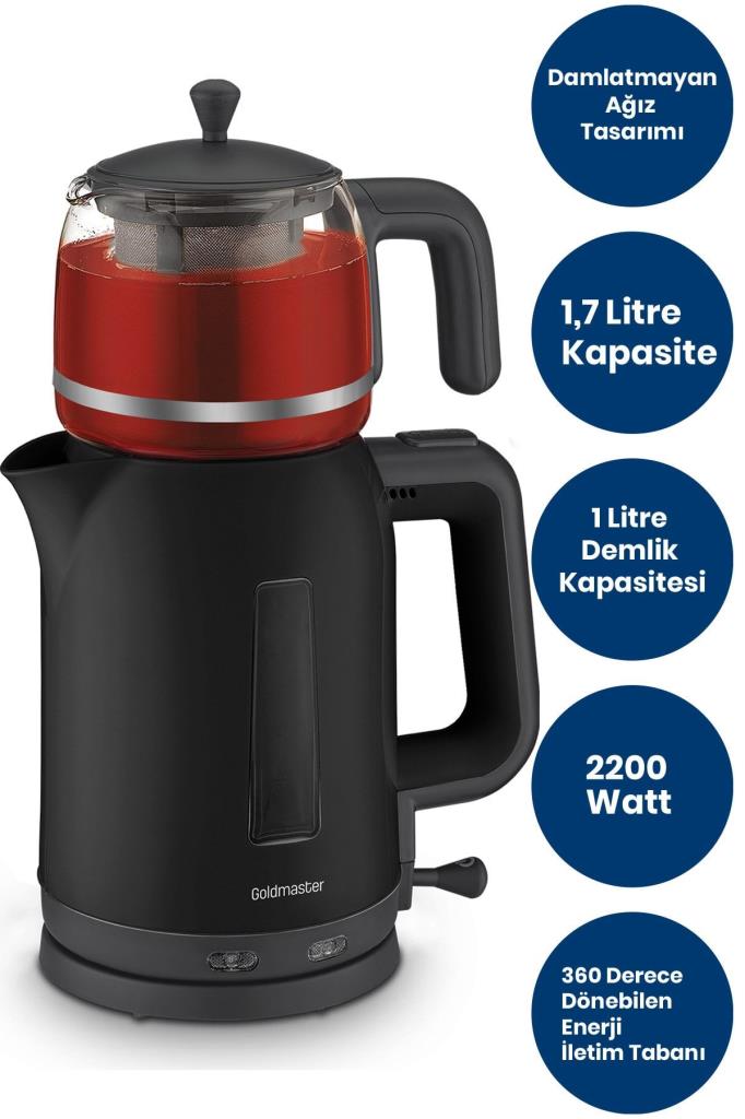 Goldmaster GM-7321S Papatya Siyah 2200 W Cam Demlikli Çay Makinesi