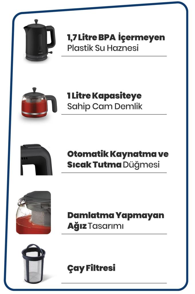 Goldmaster GM-7321S Papatya Siyah 2200 W Cam Demlikli Çay Makinesi