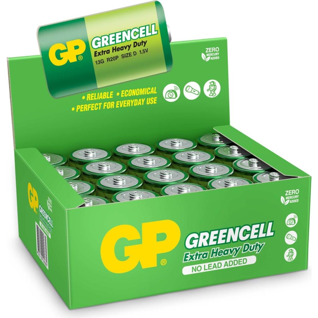 Gp Batteries Gp13G Greencell R20P/1250/D Boy Kalın Pil, 1.5 Volt, 20'Li Kutu