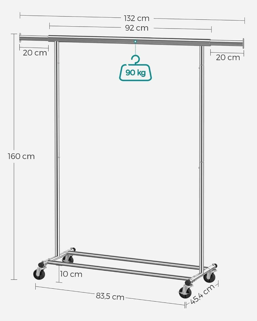 SONGMICS HSR13S Tekerlekli ve Uzatılabilir Elbise Askısı 90 kg Taşıma Kapasiteli Gümüş - Outlet