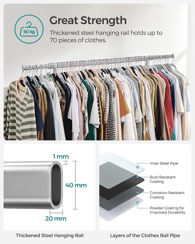 SONGMICS HSR13S Tekerlekli ve Uzatılabilir Elbise Askısı 90 kg Taşıma Kapasiteli Gümüş - Outlet