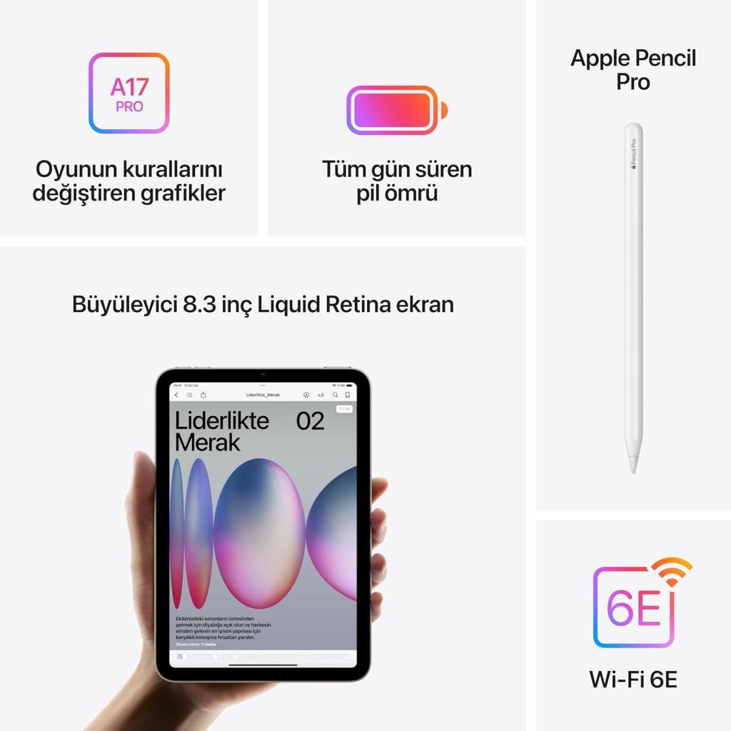 iPad Mini 7. Nesil Wi-Fi 128 GB 8.3" MXN63TU/A Uzay Grisi Tablet